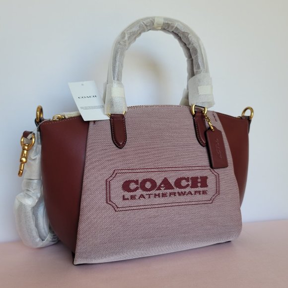 COACH Elise Badge Satchel In Jacquard & Refined Leather- Wine Multi $245⭐ - Picture 2 of 16